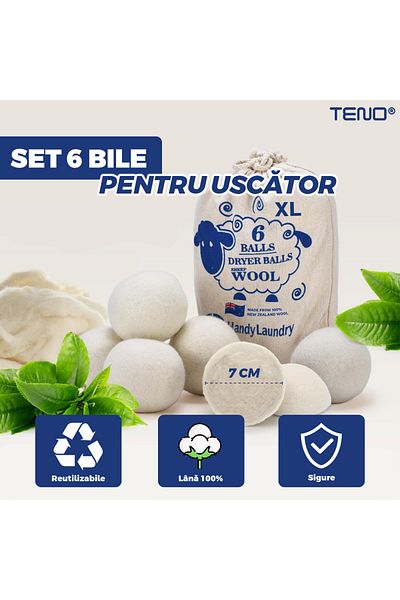 Teno Set of 6 Teno® Dryer Balls, reusable, anti-static, reduce drying time, white