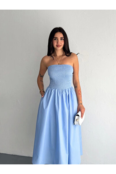 ruum fashions    Strapless Pleated Dress - Light Blue