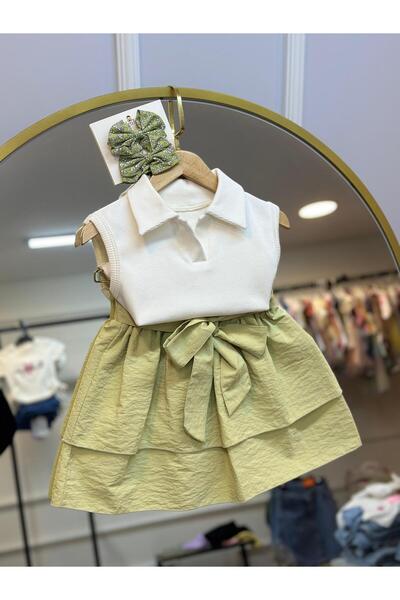 ArdenKids Ekru Yaka Detaylı Body & Fiyonk Detaylı Etek ( Toka Hediyeli )