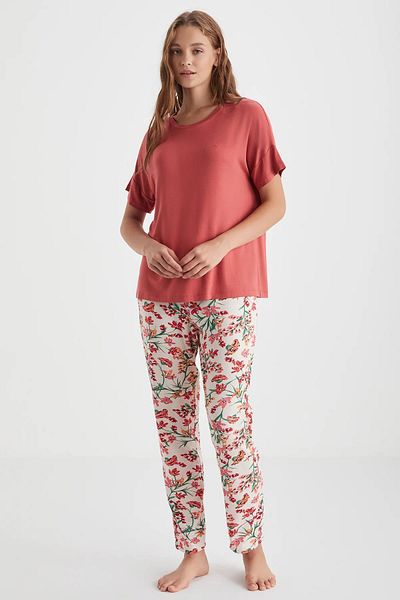 Penyemood Women's Summer Patterned Pajamas Set – Pomegranate Flower Floral Straight Leg Bottom C6T3N89