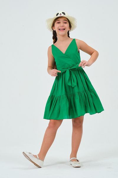 SUBU TASARIM Girls Pleated V Neck Dress Green Tbskvc1003