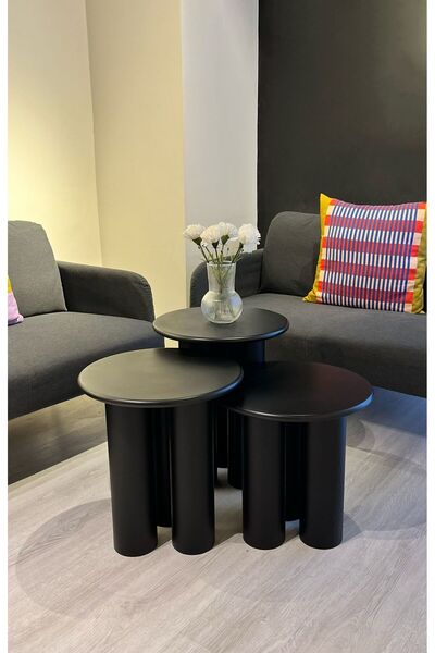 kuppdesign Linen Mantar Yan Sehpa 3'lü Set Siyah