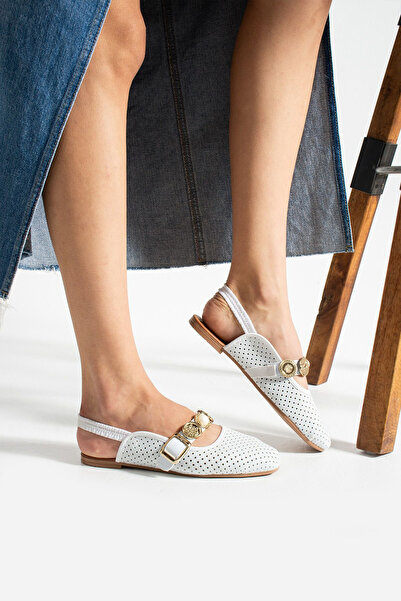 BOUIS Women's White Ballerina Buckle Open Back Strap Lightweight Stylish Comfortable Perforated Business Office Travel Casual Shoes