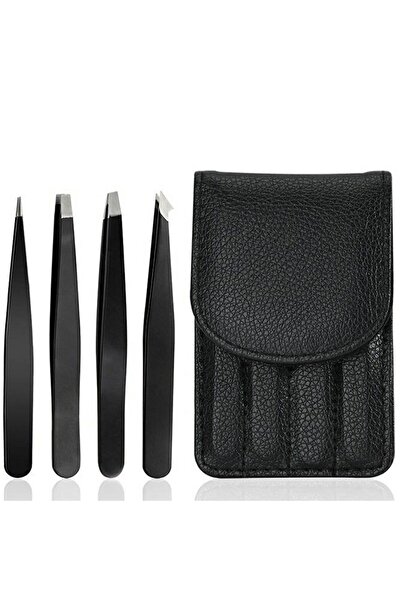 Aptel Set 4 pensete profesionale pentru sprancene, cu husa, otel inoxidabil, negru, 11.5x7x1.5 cm