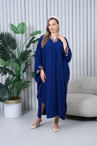 EL jadida Women's Sequin Embroidered Plus Size Viscose Long Dress Navy Blue