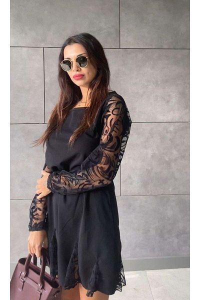Nest Rochie scurtă din crep importată pentru femei, cu mâneci lungi, cu gât rotund