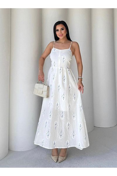 Afiş Butik White Linen Thin Strap Floral Embroidery Long Dress