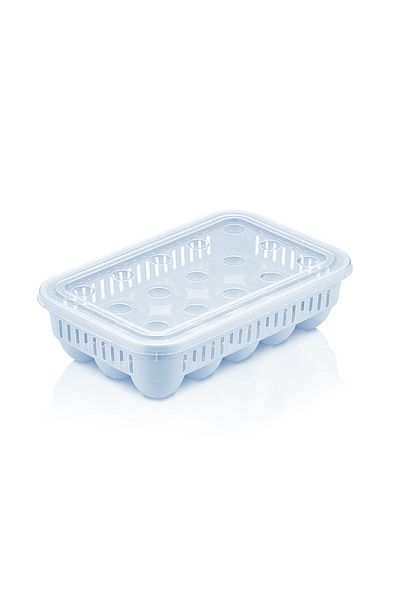 flores Plastic food box, for eggs, leakproof, stackable, blue, 15 compartments