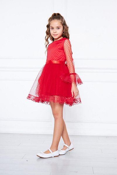 SUBU TASARIM Girls' Lace Long Sleeve Evening Dress Red Tbskvc3006