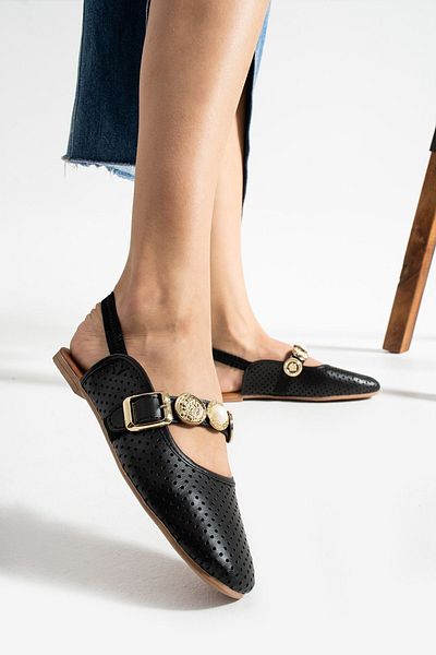 BOUIS Women's Black Ballerina Buckle Open Back Strap Lightweight Stylish Comfortable Perforated Business Office Travel Daily Shoes