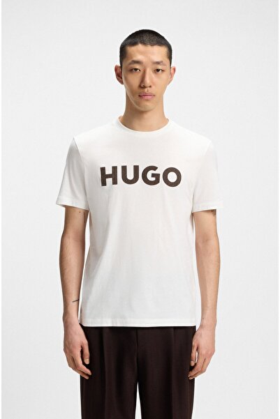 HUGO Men's Regular Fit 100% Cotton Textured Logo Pattern Short Sleeve White T-Shirt 50542737-102
