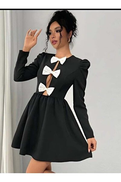 ALPACO Γυναικείο Φιόγκο από ύφασμα κατάδυσης Λεπτομερές μακρυμάνικο μίνι φόρεμα