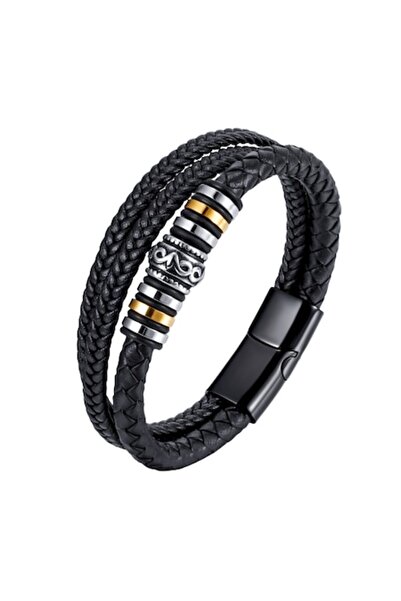 Tessero Bratara din piele naturala cu siraguri multiple, model Vintage din otel inoxidabil, prindere magnet,