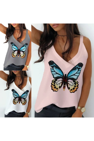 JANES Women's Butterfly Printed Sandy Fabric Strap Blouse