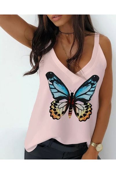 İpeksi Silky Women's Butterfly Printed Sandy Fabric Strap Blouse