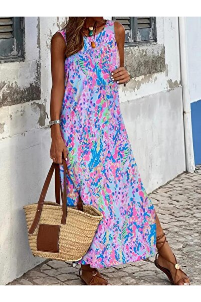 HAZEGO فستان نسائي طويل من الجيرسيه برقبة دائرية وفتحة جانبية