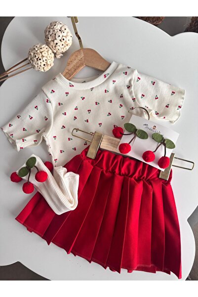 ArdenKids 2-8 Kiraz Body & Kırmızı Kolej Etek & Çorap-Toka Set