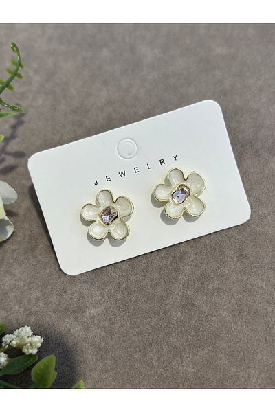 BEREN KILIÇ Steel Earrings with Flower Motif and Stone in the Middle