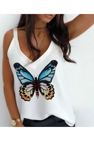 İpeksi Silky Women's Butterfly Printed Sandy Fabric Strap Blouse