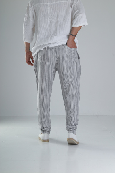 COCOPELLI Gri Çizgili Müslin Keten Baggy Pantolon