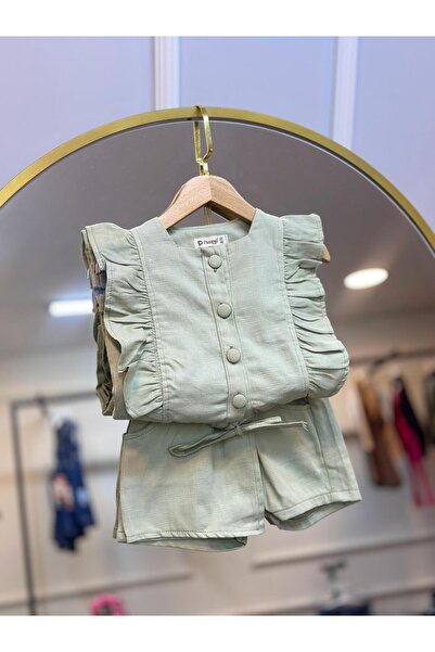 ArdenKids 2-9 Yaş Soft Yeşil Düğme Detaylı Şort Etekli Takım