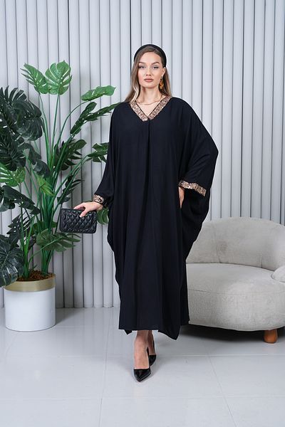 EL jadida Women's Sequin Embroidered Plus Size Viscose Long Dress Black