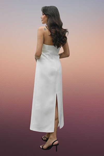 Moda Amore Beyaz ve Siyah Askılı / Straplez Midi Abiye Elbise - Şık Davetlerin Vazgeçilmezi 803