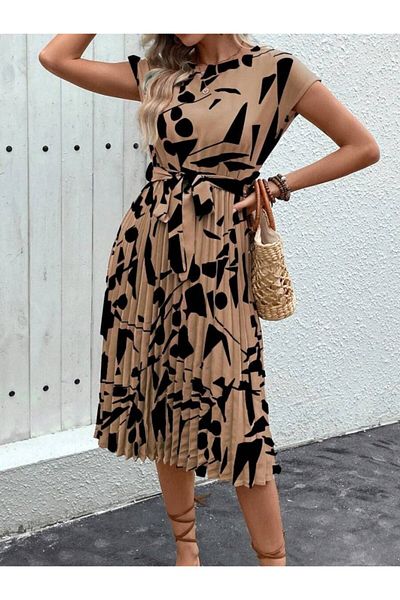İpeksi Women's Short Bat Sleeve Round Neck Gathered Waist Single Jersey Dress