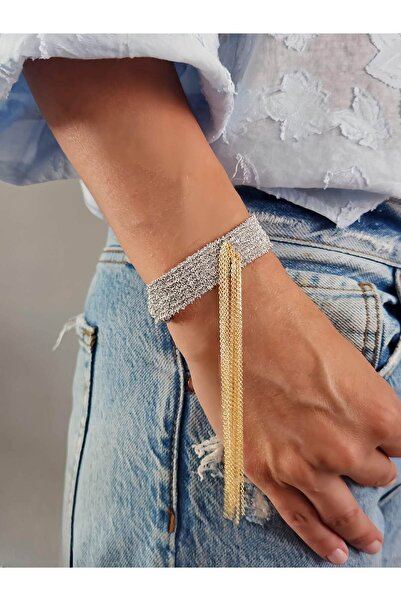 Eva Takı Store Kordon Çelik Zincir Örme 8 Sıralı Sallantılı El Yapımı Gold Si...