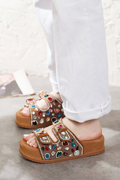 Adım Adım Women's Genuine Leather Stone Detailed Double Buckle Slippers