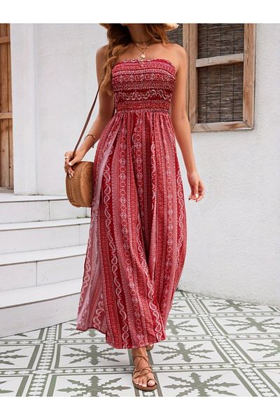 velmorafashion Modavera Women's Collar Gipe Detailed Front Slit Detailed Patterned Single Jersey Trouser Skirt Jumpsuit