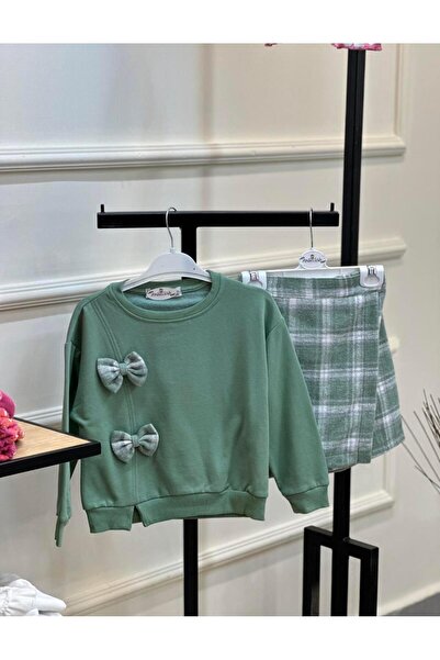 ArdenKids 5-9 Yaş Nil Yeşili Fiyonk Sweat & Şort Etekli Takım