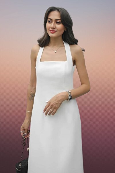 Moda Amore Beyaz ve Siyah Askılı / Straplez Midi Abiye Elbise - Şık Davetlerin Vazgeçilmezi 803