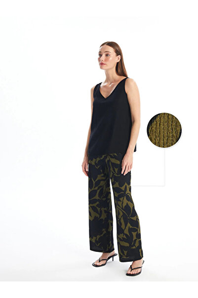 LC Waikiki Lcwaikiki Basic Khaki Elastic Waist Patterned Wide Leg Women's Trousers