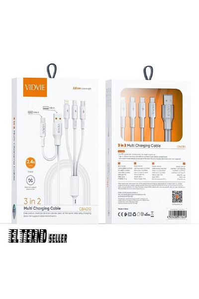Vidvie Charging Cable 3 In 2 - For All Smartphone Devices - 2.4 A - 120 Cm Long - White