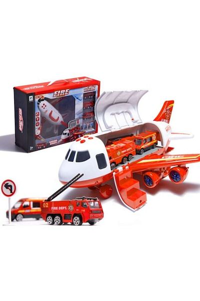 OEM Transporter Aircraft with 3 Firefighter Cars, Traffic Signs, Sound Signals and LED Lights