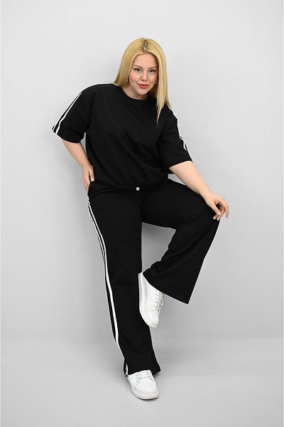 Koza Butik Women's Plus Size Stripe and Waist Drawstring Detail Short Sleeve Tracksuit Set 8197-25