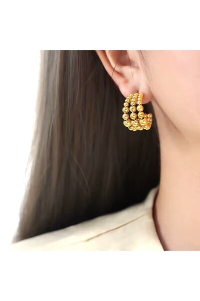 Siya Silver Non-Tarnish Steel Three Row Dorica Ball Stud Earrings