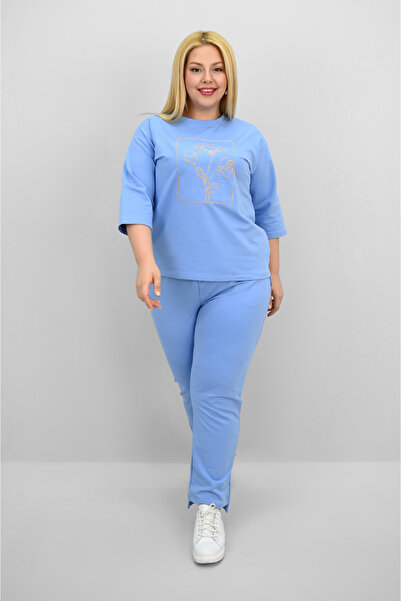 Koza Butik Дамски спортен костюм с къс ръкав и бродерия, големи размери, 8199-25