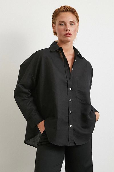 Never more Oversize Linen Shirt with Pockets Black