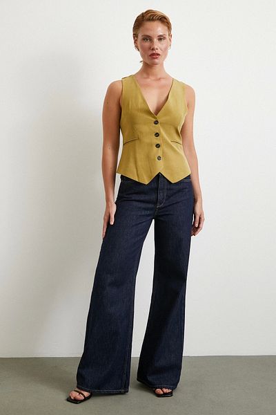 Never more Pocket Covered Linen Vest Olive