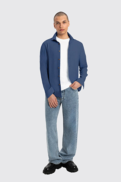 UNIQVIBE قميص كتان رجالي بأكمام طويلة باللون الأزرق الداكن