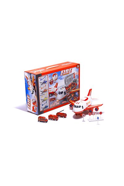 OEM Transporter Aircraft with 3 Firefighter Cars, Traffic Signs, Sound Signals and LED Lights