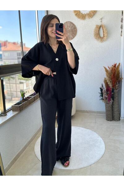 TUNAM BUTİK طقم كتان فضفاض بتفاصيل زر واحد من قماش تينسل أيروبين باللون الأسود