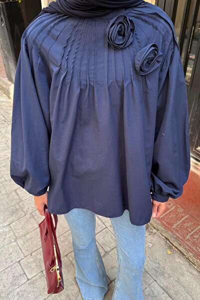 lamelif Floral Detailed Ribbed Blouse Navy Blue