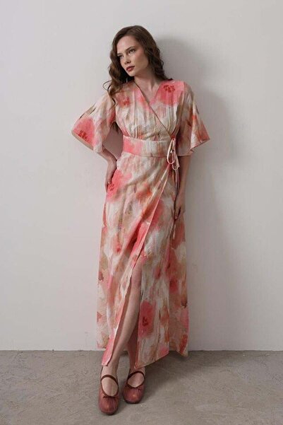 Genel Markalar Yandan Bağlamalı Desenli Elbise - Pembe