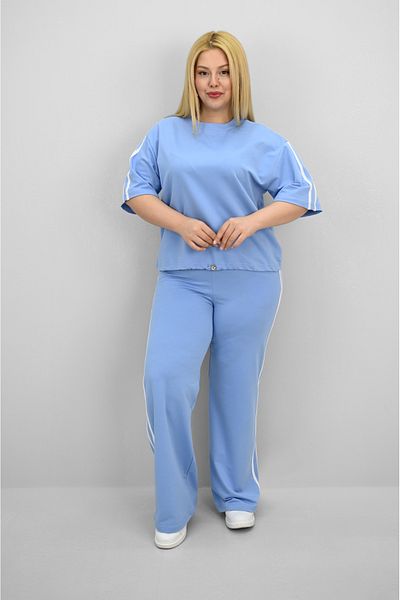 Koza Butik Women's Plus Size Stripe and Waist Drawstring Detail Short Sleeve Tracksuit Set 8197-25