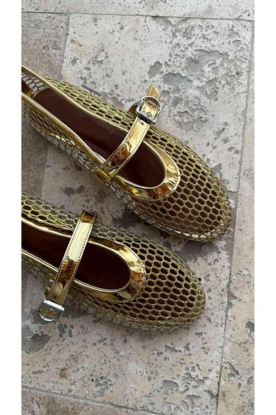 Eataly Shoes Balerini Cody Gold Glitter cu centură mare din plasă