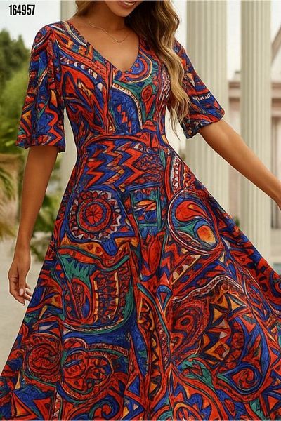 moda wanilia Women's Short Sleeve V Neck Floral Print Single Jersey Dress