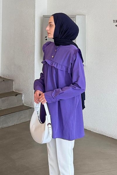 lamelif Judge Collar Front Pleated Tunic Purple